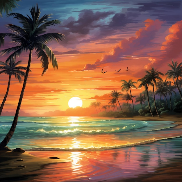 A vibrant sunset over a serene beach with palm trees swaying in the breeze