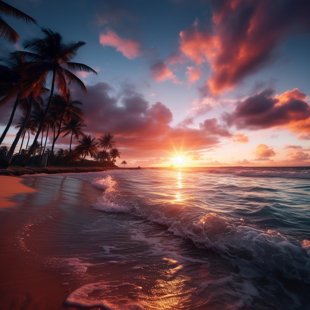 A vibrant sunset over a serene beach with palm trees swaying in the breeze