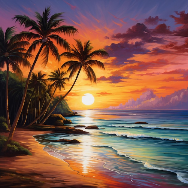 A vibrant sunset over a serene beach with palm trees swaying in the breeze