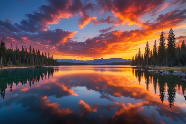 A vibrant sunset over a serene lake with stunning reflections of clouds mountains and pine trees