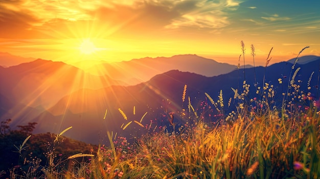 Vibrant sunset over serene mountain landscape with wildflowers