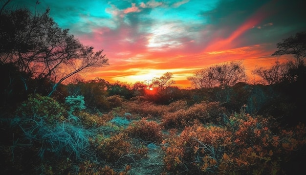 Vibrant sunset sky backlit tree silhouette beauty generated by AI