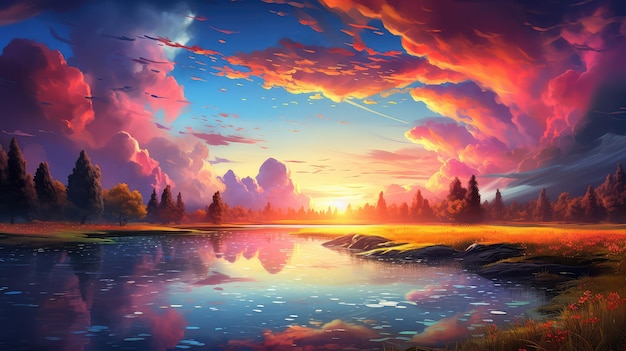 Vibrant Sunset Sky Over a Tranquil Idyllic Landscape