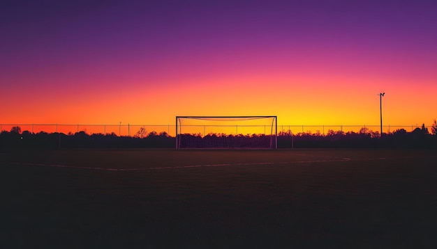 Photo vibrant sunset over a soccer goal casting a colorful glow on the field and illuminating the sky with shades of purple and orange