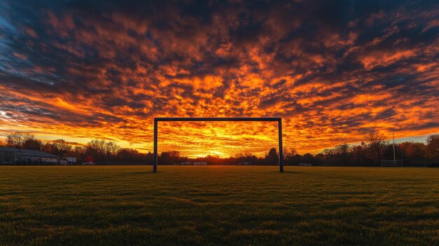 Photo a vibrant sunset over a soccer goal on a grassy field