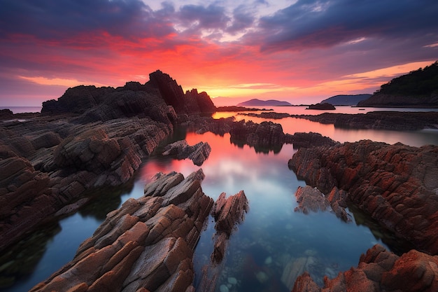 Vibrant sunset over a still ocean with gentle waves