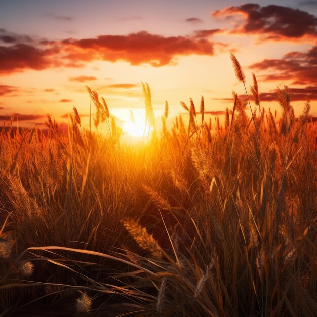 Vibrant Sunset Over Wheat Field Vray Tracing Inspired Landscape