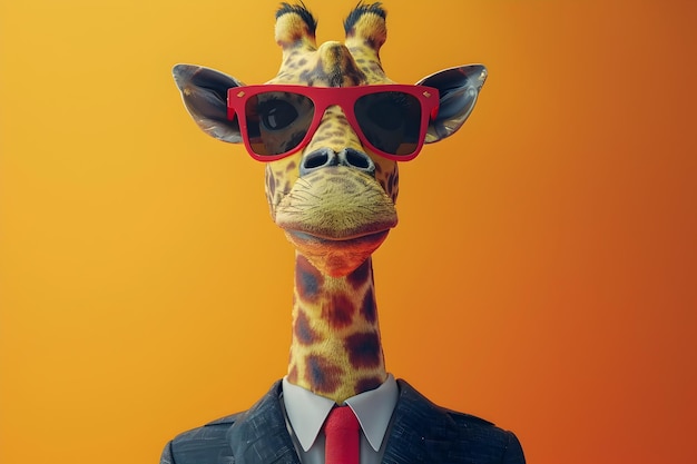 Vibrant Surreal D Rendered Portrait of Giraffe Wearing Suit and Sunglasses on Colorful Background