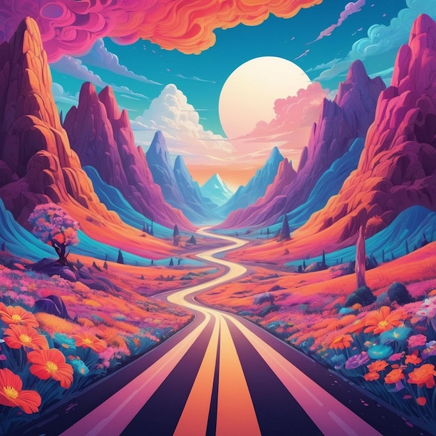 Vibrant Surreal Road Trip Through Psychedelic Mountains and Flowers