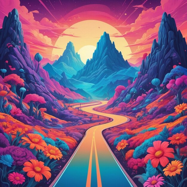 Vibrant Surreal Road Trip Through Psychedelic Mountains and Flowers