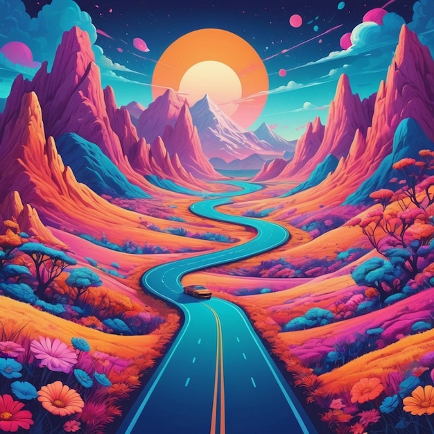 Vibrant Surreal Road Trip Through Psychedelic Mountains and Flowers