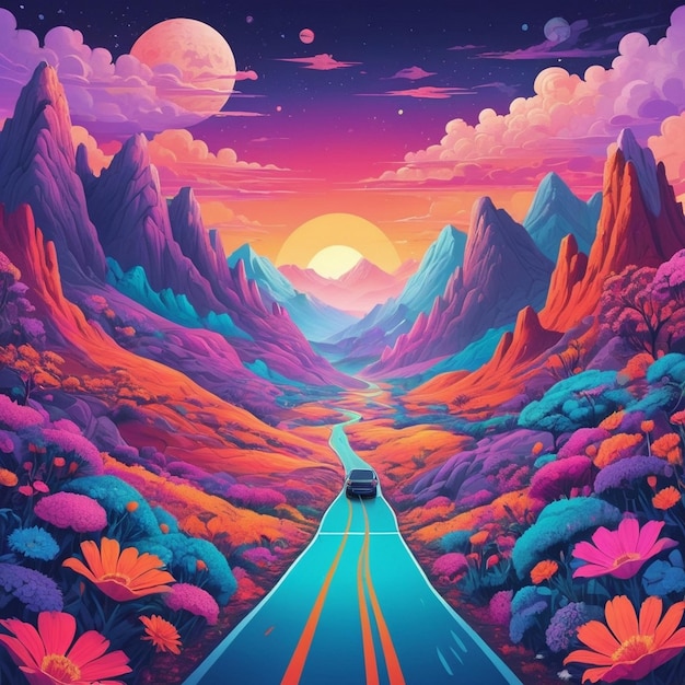 Vibrant Surreal Road Trip Through Psychedelic Mountains and Flowers