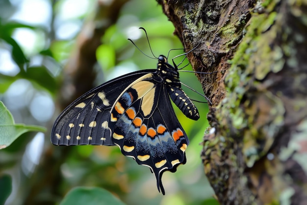 Vibrant swallowtail butterfly at rest on rugged tree bark amid green foliage