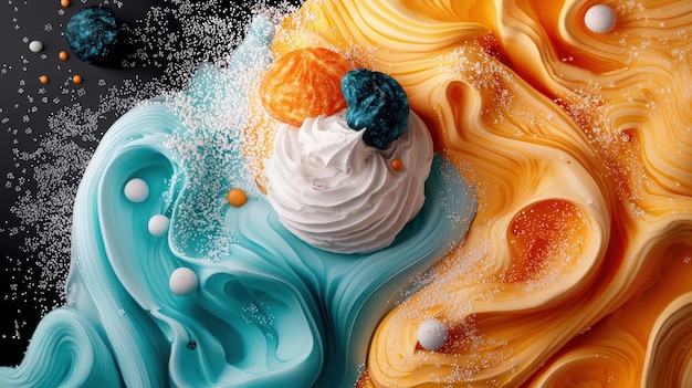 Photo a vibrant swirl of colorful frosting featuring orange blue and white tones adorned with sprinkles and decorative elements