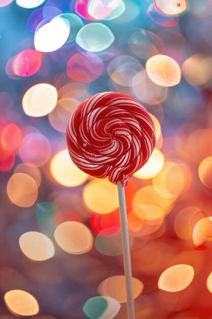 Photo vibrant swirl lollipop on colorful bokeh background confectionery delight concept