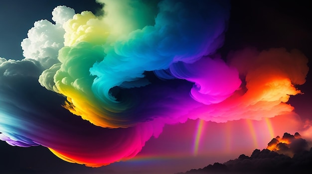 A vibrant swirling cloud of smoke illuminated by a spectrum of rainbow hues