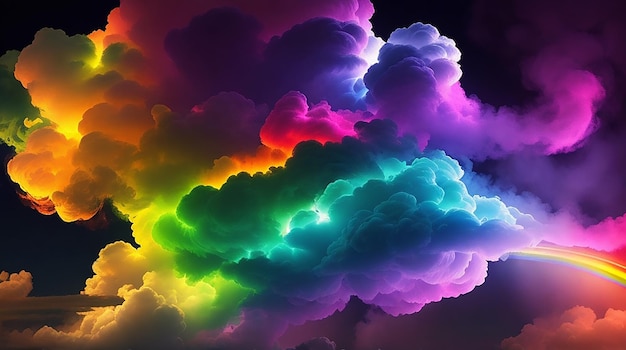 A vibrant swirling cloud of smoke illuminated by a spectrum of rainbow hues