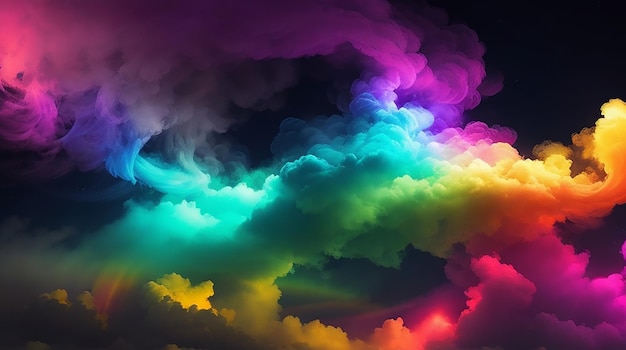 A vibrant swirling cloud of smoke illuminated by a spectrum of rainbow hues