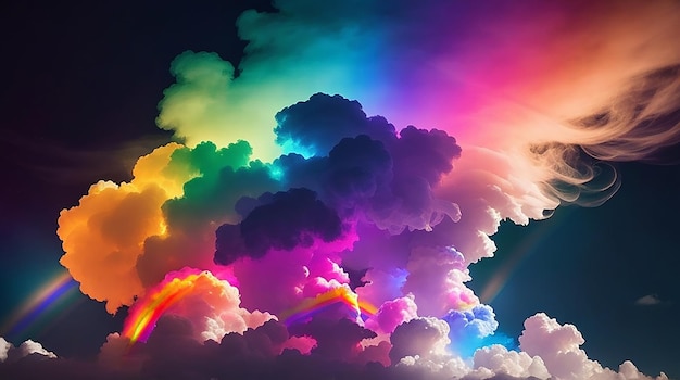 A vibrant swirling cloud of smoke illuminated by a spectrum of rainbow hues