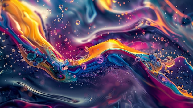 Vibrant swirls of color mingle with bubbles in a liquid fantasy