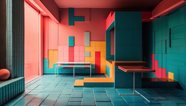 Vibrant Symmetry A contemporary interior design with geometric shapes