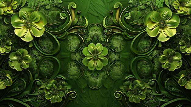 Vibrant Symmetry Modern Floral Patterns on Bold Green Background with Ambient Light