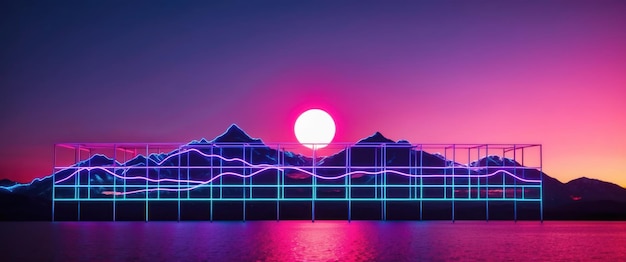 Photo a vibrant synthwave sunset grid featuring neon sun and chrome mountains