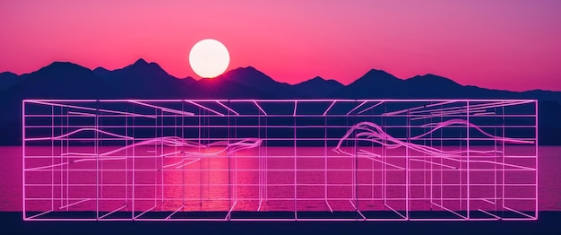 Photo a vibrant synthwave sunset grid featuring neon sun and chrome mountains