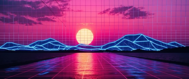 Photo a vibrant synthwave sunset grid featuring neon sun and chrome mountains