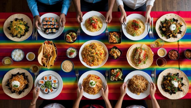 Photo a vibrant table spread featuring a diverse range of global cuisines