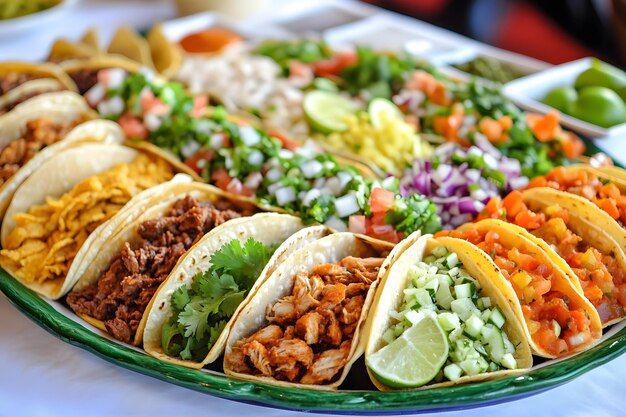 Photo vibrant taco platter with beef chicken and fish topped with fresh salsa cilantro and lime a flavorful and colorful meal