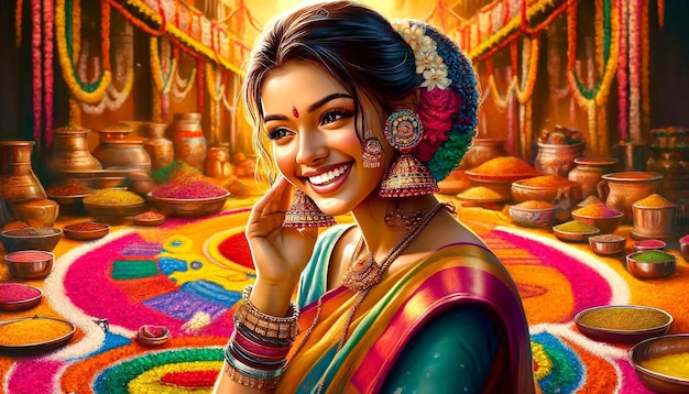 A vibrant Tamil woman in Tamil New Year celebration