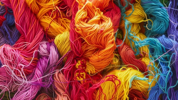 Photo vibrant tangle of multicolored yarn artistic chaos and creativity