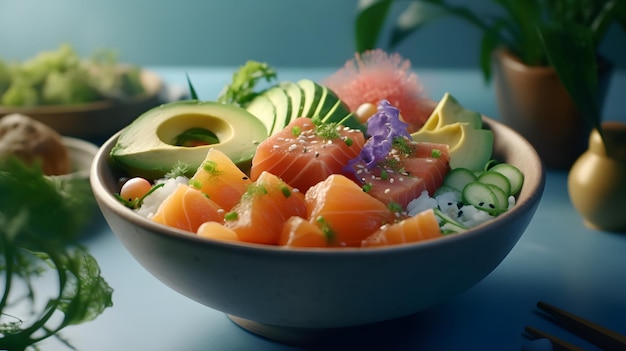 A vibrant and tasty salmon and avocado poke bowl Generative AI