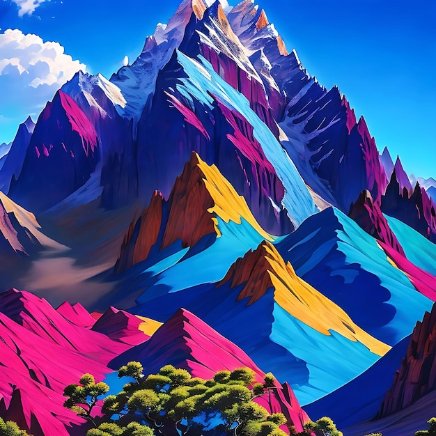 A vibrant technicolor Colombian mountain range with a bright blue sky above