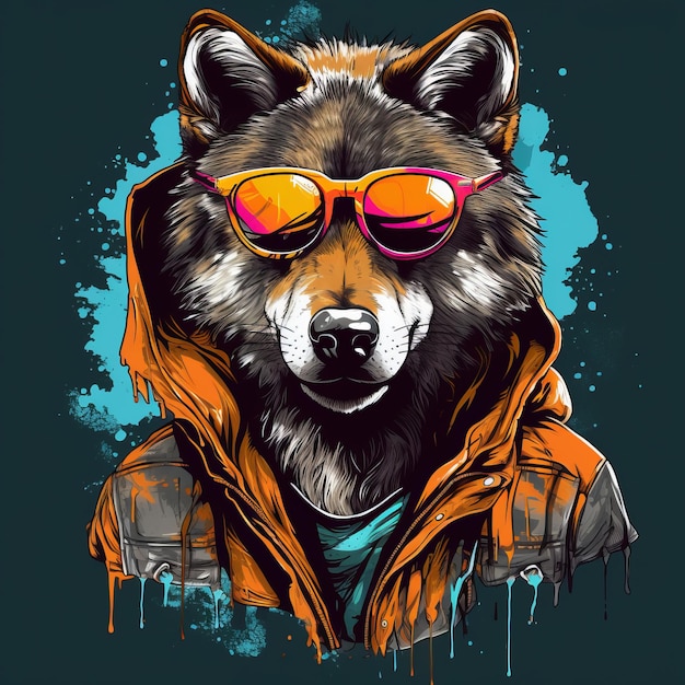 Vibrant Tee With Cool Wolf In Sunglasses And Blue Jacket