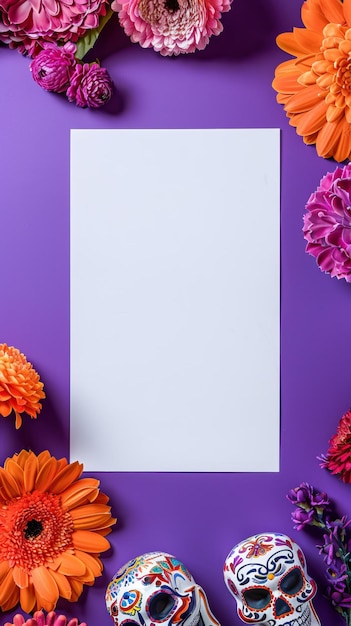 A vibrant template featuring a white blank space surrounded by colorful flowers and decorated sugar skulls on a purple background