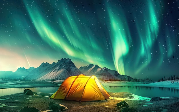 A vibrant tent glows under the mesmerizing Aurora Borealis