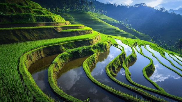 Vibrant Terraced Rice Paddies in Lush Mountainous Landscape with Serene Reflections