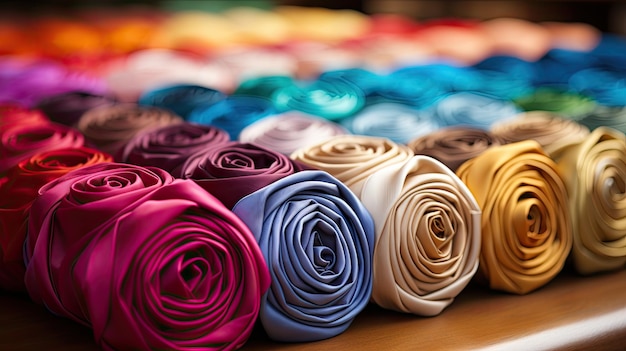 Photo vibrant textile rolls in a colorful array displaying a beautiful spectrum of handcrafted materials