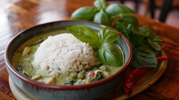 A vibrant Thai green curry served in a traditional bowl with jasmine rice and fresh basil leaves on the side