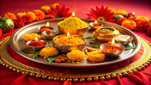 Vibrant Thali Sacred Offerings Illuminate Durga Pujas Spiritual Essence and Cultural Richness