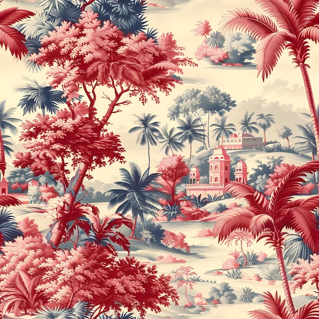 Vibrant Toile de Jouy Seamless Pattern with Tropical Flora and French Baroque Architecture