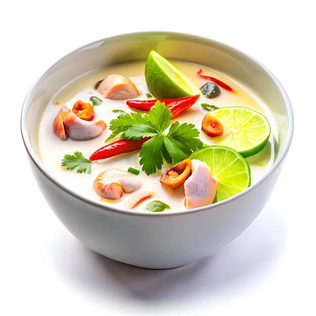 Photo vibrant tom kha gai soup presentation on clean white background