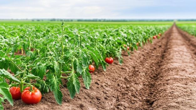 Vibrant tomato plants thriving in an agricultural field under a golden sunrise