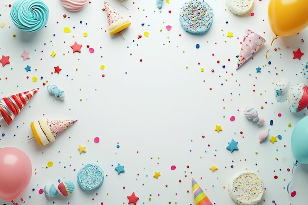 Photo a vibrant top view of a birthday party setup featuring a white background ai photo