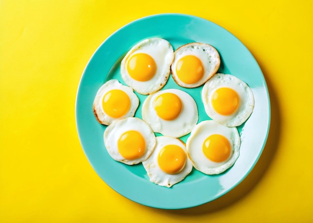 Vibrant topdown shots of sunny side up eggs arranged on teal plates against bold yellow background