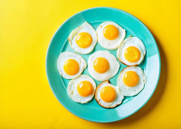 Vibrant topdown shots of sunny side up eggs arranged on teal plates against bold yellow background