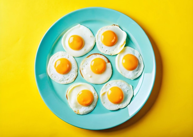 Vibrant topdown shots of sunny side up eggs arranged on teal plates against bold yellow background