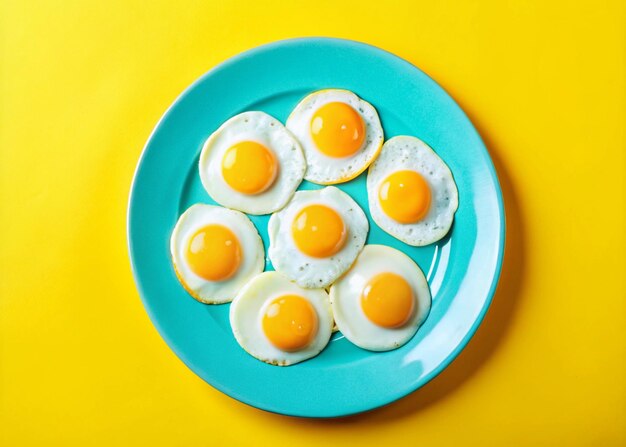 Vibrant topdown shots of sunny side up eggs arranged on teal plates against bold yellow background